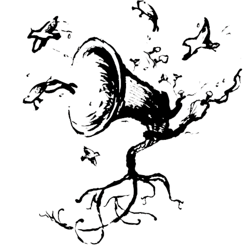 Black and white illustration of a gramophone with birds flying around it